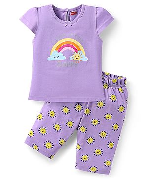Babyhug Cotton Knit Half Sleeves Capri Nightsuit with Rainbow & Sun Print - Purple