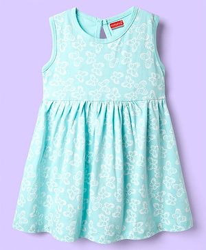 Babyhug Single Jersey Knit Sleeveless Frock with Butterfly Print - Aqua Blue