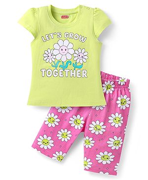 Babyhug Cotton Knit Half Sleeves Capri Nightsuit with Floral Print - Green & Pink
