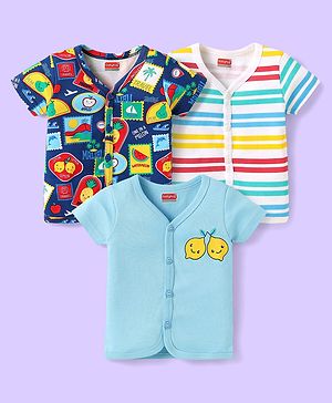 Babyhug 100% Cotton Interlock Knit  Half Sleeves Front Open Vests With Striped & Fruits Print Pack Of 3 - Light Blue Navy Blue & White