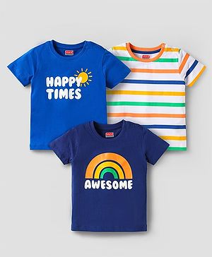 Babyhug Cotton Knit Half Sleeves T-Shirts with Text Print & Stripes Pack of 3 - Blue White & Navy Blue