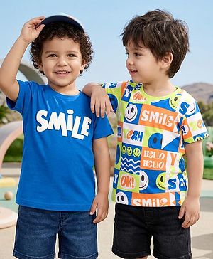 Babyhug Cotton Knit Half Sleeves T-Shirt With Smiley Theme Print Pack Of 2 - Blue