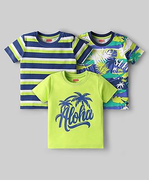 Babyhug Cotton Knit Half Sleeves T-Shirt With Stripes & Beach Theme Print  Pack Of 3 - Limegreen & Navy Blue