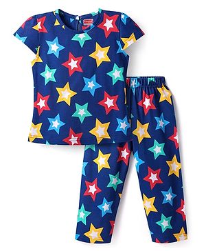 Babyhug Cotton Knit Half Sleeves Nightsuit With Star Print - Navy Blue
