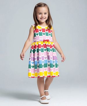 Bonfino 100% Cotton Knit Sleeveless Dress With Heart Print and Bow Applique - Pink & Yellow