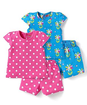 Babyhug Cotton Knit Half Sleeves Co-ords Short Night Suits with Floral & Polka Dots Print Pack of 2 - Blue & Dark Pink
