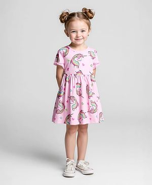 Bonfino 100% Cotton Knit Half Sleeves Frock With Unicorn & Heart Print - Pink