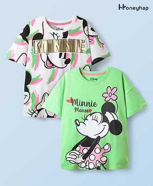 HoneyHap Disney Single Jersey Knit Half Drop Shoulder Sleeves Oversized T-Shirts with Minnie Mouse & Family Foil Graphics Pack of 2 - White & Light Green