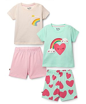 Bonfino 100% Cotton Knit Half Sleeves Heart & Rainbow Printed Shorts Night Suits Pack of 2 - Aqua Blue & Ivory