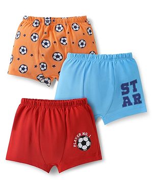 Doodle Poodle 100% Cotton Trunks With Football Print Pack Of 3 - Light Blue Red & Orange