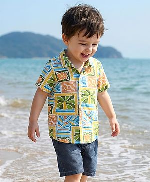 Babyhug Single Jersey Knit Half Sleeves Shirt & Denim Shorts Set with Tropical Theme Print - Navy Blue