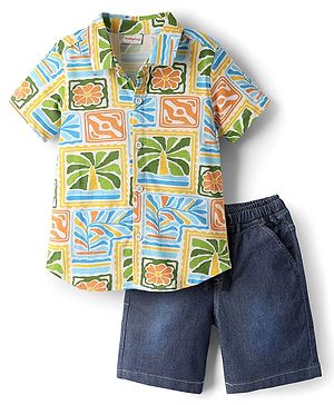 Babyhug Single Jersey Knit Half Sleeves Shirt & Denim Shorts Set with Tropical Theme Print - Navy Blue