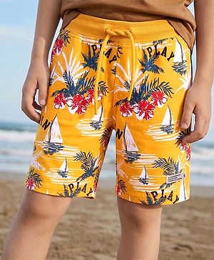 Pine Kids Looper Knit Above Knee Length Shorts with Beach Theme Print - Yellow