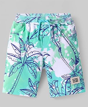 Pine Kids Looper Knit Above Knee Length Shorts With Tree Print - Turquoise & White