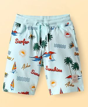 Pine Kids Looper Knit Above Knee Length Shorts with Beach Theme Print - Aqua Blue