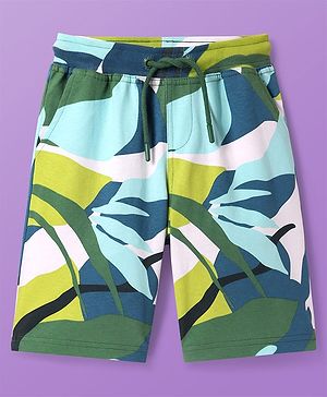 Pine Kids Looper Knit Above Knee Length Shorts with Tropical Theme Print - Limegreen