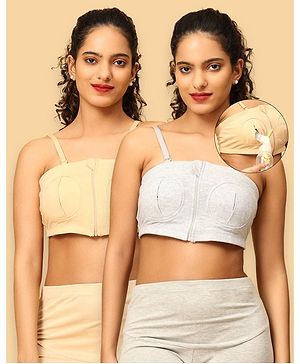 The Mom Store Cotton Pack Of 2 Sleeveless Solid Nursing Pumping Bras - Beige & Grey