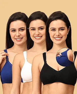 The Mom Store Cotton Elastane Pack Of
                              3 Sleeveless Solid Non Padded Maternity
                              Bra With Nursing Access - Black White
                              & Blue