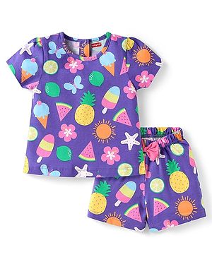 Babyhug Cotton Knit Half Sleeves Shorts Nightsuit With Tropical Print & Bow Applique -Purple