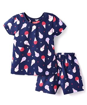 Babyhug Cotton Knit Half Sleeves Shorts Nightsuit With Ice Cream Print - Navy Blue