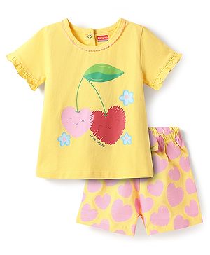 Babyhug Cotton Knit Half Sleeves Shorts Night Suit With Heart Print - Yellow