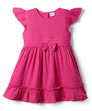 Babyhug Rayon Woven Knit Frill Sleeves Schifilli Frock with Bow Applique - Dark Pink