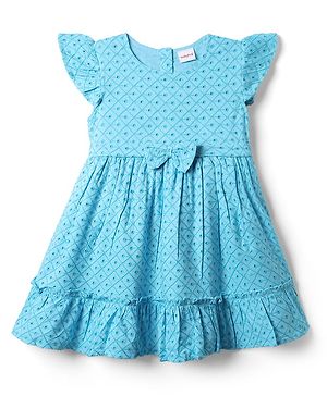 Babyhug Rayon Woven Frill Sleeves Schifilli Frock with Bow Applique - Light Blue