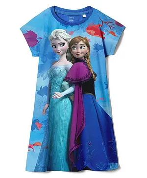 Wear Your Mind Disney Frozen Featuring Half Sleeves Anna & Elsa Printed Dress - Royal Blue