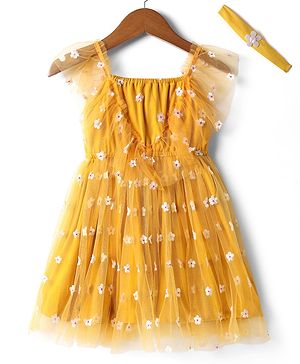 Babyhug Single Jersey Knit Sleeveless Frock With Floral Embroidery & Headband - Mustard