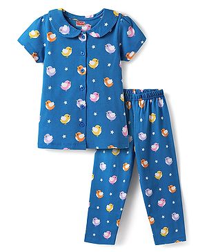 Babyhug Cotton Knit Half Sleeves Peter Pan Collar Co-ord Night Suit - Blue