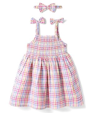 Babyhug Seersucker Woven Sleeveless Checks Frock With Headband - Multicolor