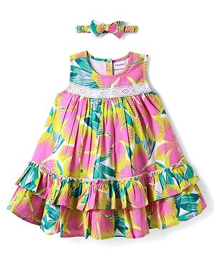 Babyhug Rayon Woven Sleeveless Floral Printed Frock With Lace Detailing & Headband - Multicolor