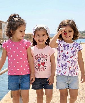 Babyhug Cotton Knit Cap Sleeves T-Shirts with Hearts Cherry & Bow Print Pack of 3 - Pink & White