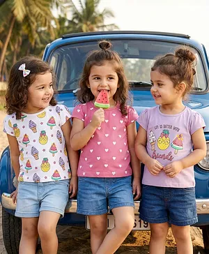Babyhug Cotton Knit Half Sleeves
                              T-Shirts With Ice-Cream & Heart Pack
                              Of 3 - White Pink & Mauve