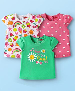 Babyhug Cotton Knit Cap Sleeves T-Shirts with Hearts & Tropical Theme Print Pack of 3 - Pink Light Green & White