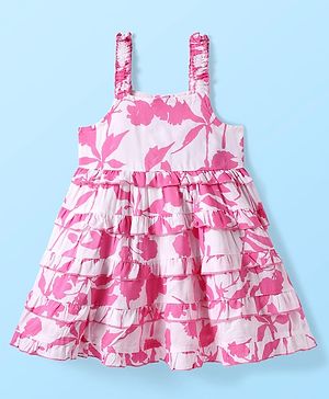 Babyhug Rayon Woven Sleeveless Dress With Floral Print - White & Dark Pink