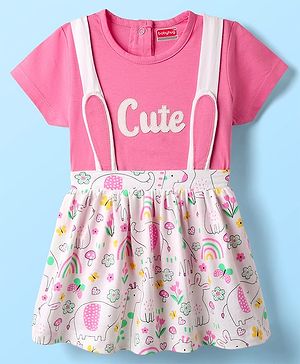 Babyhug Single Jersey Knit Half Sleeves Top & Skirt With Floral Print - Pink