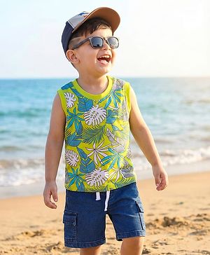 Babyhug Single Jersey Knit Sleeveless Leaves Printed Tank T-Shirt & Shorts Set - Navy Blue & Limegreen