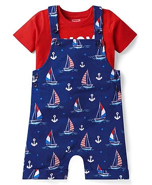 Babyhug Single Jersey Knit Half Sleeves T-Shirt & Dungaree with Nautical Theme &  Ahoy Days Text Print - Red & Navy Blue