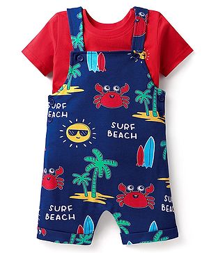 Babyhug 100% Cotton Single Jersey Knit Beach Theme Printed Dungaree & Half Sleeves T-Shirt - Red & Navy Blue