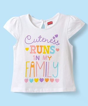 Babyhug Cotton Knit Frill Sleeves T-Shirt With Runs In the Family Text Print - White