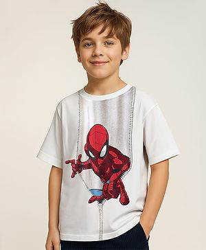 Pine Kids Marvel Single Jersey Knit Half Sleeves Drop Shoulder T-Shirt With Spider-Man Graphics - White