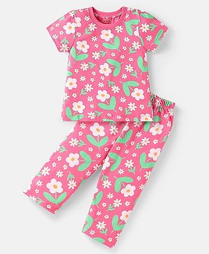 Babyhug Cotton Knit Half Sleeves Co-ord Nightsuit with Floral Print - Pink