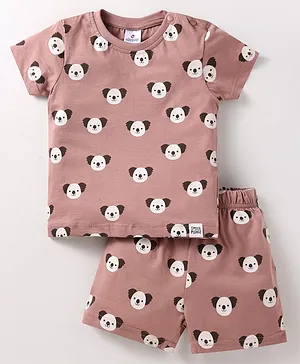 Ollypop Sinker Knit Half Sleeves
                              Shorts Nightsuit with Koala Print - Tan