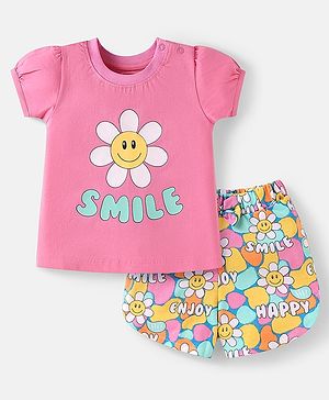 Babyhug Cotton Knit Half Sleeves Shorts Nightsuit with Smile & Floral Print - Pink