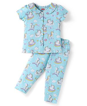 Babyhug Cotton Knit Half Sleeves Front Open Co-Ords Night Suit with Unicorn Print - Light Blue