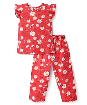 Babyhug Cotton Knit Half Sleeves Co-ord Night Suit with Floral Print - Red