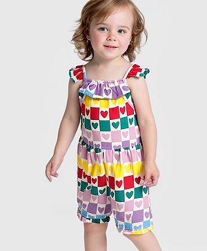 Bonfino 100% Cotton Knit Frill Sleeves Playsuit with Hearts Print & Checks - Pink