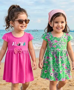 Babyhug Single Jersey Knit Half Cap Sleeves Anti Bacterial Floral Printed Frock with Bow Applique Pack of 2 - Dark Pink & Green