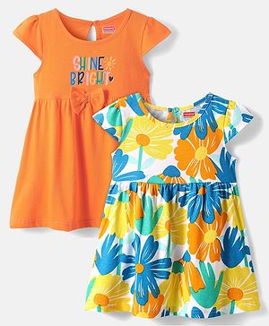 Babyhug Single Jersey Knit Cap Sleeves Text & Floral Printed Frocks with Bow Applique Pack of 2 - White & Orange